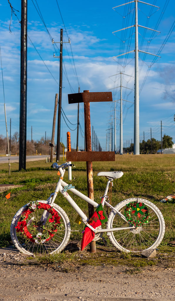 A ghost bike in Houston, TX decorated for Christmas