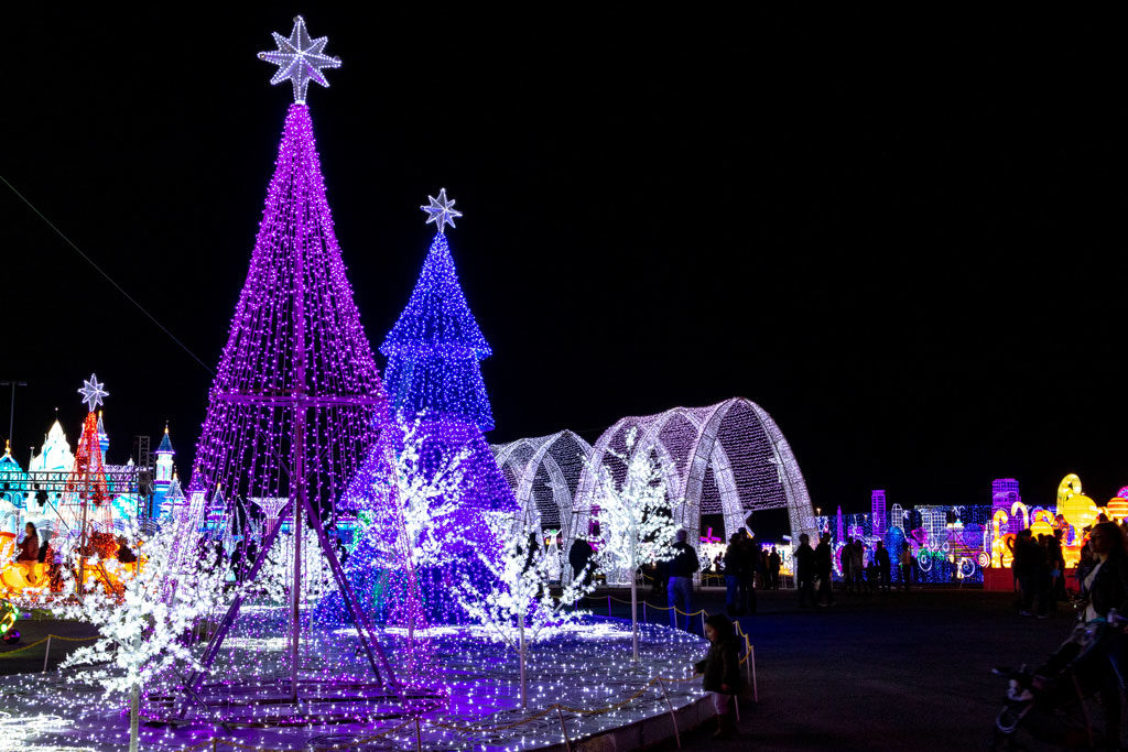 Child enjoying light trees at Magic Winter Lights, La Marque, TX